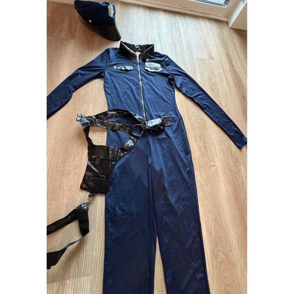 Women's Police Officer Costume Set Navy Jumpsuit Hat Belt Holster M-XL Stretchy